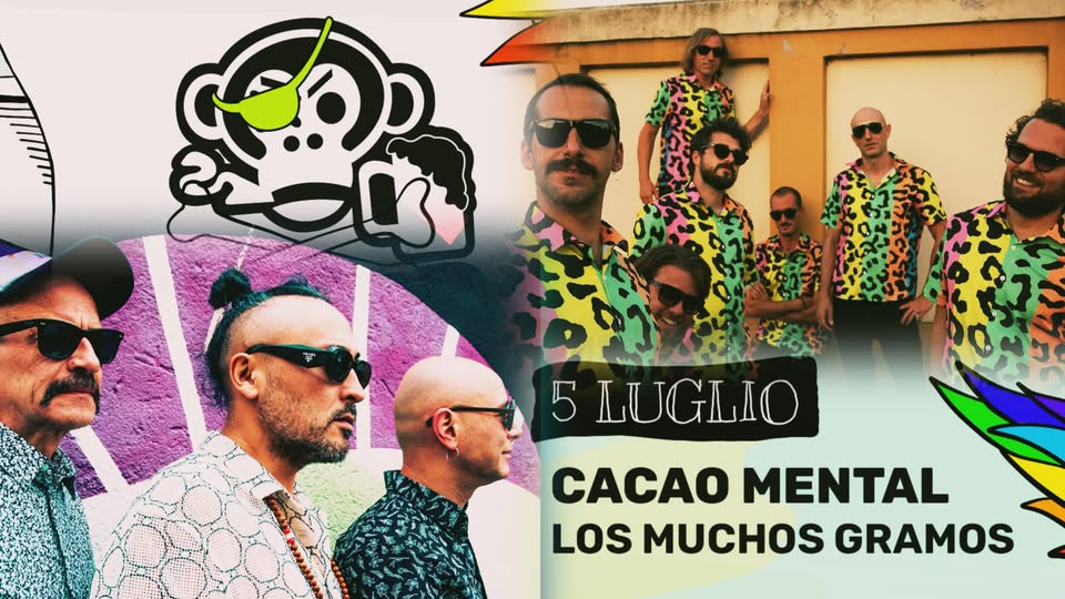 ★ CACAO MENTAL + LOS MUCHOS GRAMOS ★ 05/07 – CLSF25 🐒🌴🏴☠️❤️ Potrebbe essere un'immagine raffigurante 9 persone e il seguente testo "கூஸ 5 LUGLIO CACAO MENTAL LOS MUCHOS GRAMOS"