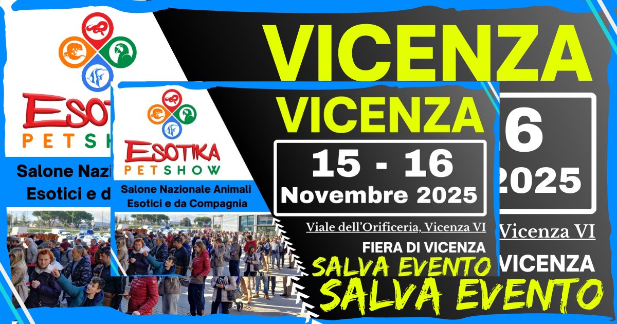 Esotika Pet Show VICENZA 15/16 Novembre 2025 Potrebbe essere un'immagine raffigurante il seguente testo "Salone Nazi Esotici ESO PETS ESOTIKA PETSHOW Salone Nazionale Animali Esotici da Compagnia VICENZA VICENZA 6 15-16 16 15 Novembre 2025 2025 Viale Vialedll'Orificeria,Vicenza dell'Orificeria, VicenzaV VI FIERA DI VICENZA SALVA EVENTO VICENZA SALVA ΕνΕΝΤΟ Vicenza Vicenza VI"