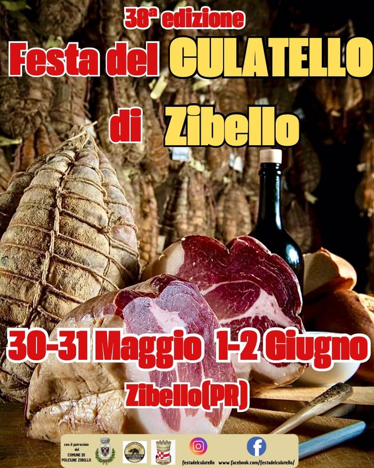Festa del Culatello Potrebbe essere un'immagine raffigurante il seguente testo "38° edizione Festa del CULATELLO di Zibello 30 31 Maggio 1-2 1-2Giugno Zibello(PR) coni ilpatrecinie ONN COMUN POLESIN IBELLO f festadelculatello www.facebook.com/fastadelcacela"