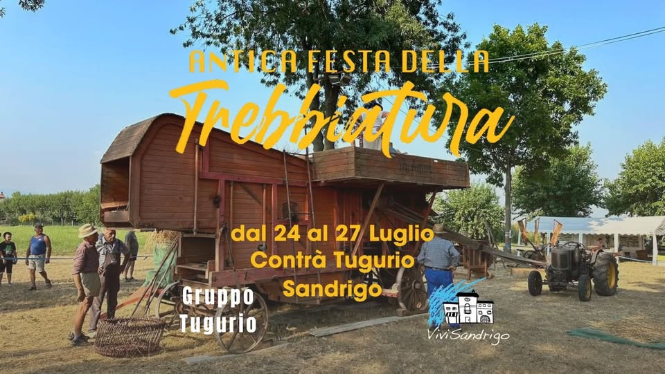 Festa della Trebbiatura 2025 🌾 Potrebbe essere un'immagine raffigurante 5 persone e il seguente testo "ANTICAFESTA FESTA DELLA Thebbiatura dal 24 al 27 Luglio Contrà Tugurio Sandrigo Gruppo Tugurio ២០២ ViviSandrigo"