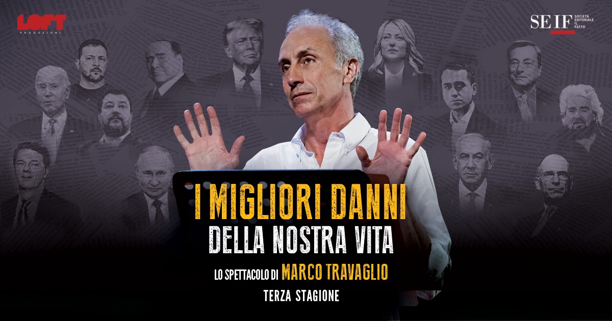 Marco Travaglio a teatro con “I migliori danni della nostra vita” | Porto Recanati Potrebbe essere un'immagine raffigurante 5 persone e il seguente testo "LOFT PREDEEIONE SE SEIF RDRERIAL SEIFE KDITORIALE SOCIETA FATTO AE IMIGLIORI DANNI DELLA NOSTRA VITA LO OSPETACODOIMARCOTRAVAGLIO SPETTACOLODI MARCO TRAVAGLIO TERZA STAGIONE"
