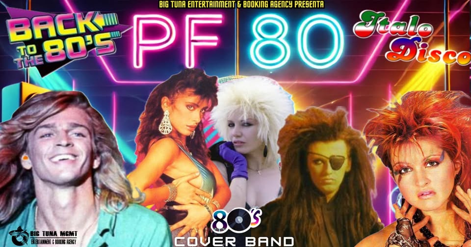 Potrebbe essere un'immagine raffigurante 5 persone, frangia e il seguente testo "BIG TUNA EOTERTAINMEN FNT E BIETUNRBEITERTRMIETE & BOOKING AGENCY PRESENTA BACK" 80'5 PF80 80 TO THE PF 0 Disco TUNA TUNAMGMT MEMT BTAIBMENT ROOK 803 COUER BAND"