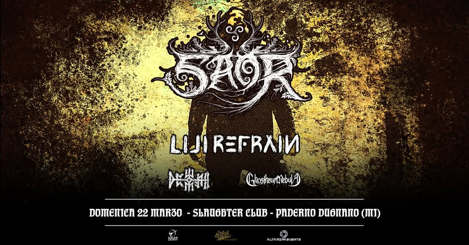 SAOR + guests TBA – Live @ Slaughter Club – Paderno Dugnano (MI) Potrebbe essere un'immagine raffigurante testo