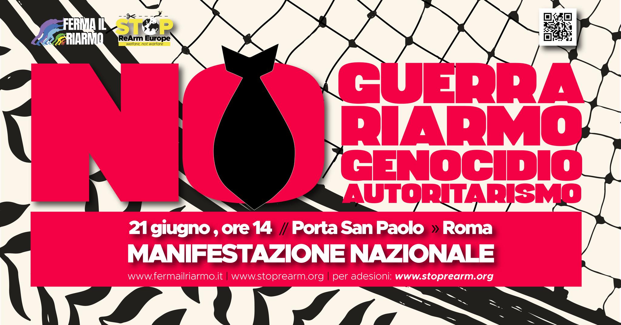 Stop Rearm Europe // Manifestazione nazionale Potrebbe essere un'immagine raffigurante la Fontana di Trevi e il seguente testo "口领口 FERMAIL LUTRIARMO ReArm Euro ReArmEurope pe NO AUTORITARISMO GUERRA RIARMO GENOCIDIO 21 giugno 2025» > ore 14:00 Manifestazione nazionale Roma www.fermailriarmo.it stoprearmitalio@gmail.com per adesioni: www.stoprearm.org"