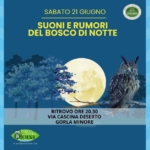 SUONI E RUMORI DEL BOSCO DI NOTTE Potrebbe essere un'illustrazione raffigurante gufo e il seguente testo "SABATO SABATO21GIUGNO 21 GIUGNO LOMEARDEN LOMEARDX R521LUM SUONI E RUMORI DEL BOSCO DI NOTTE RITROVO RITROVOORE20.30 ORE 20.30 VIA CASCINA DESERTO GORLA GORLAMINORE MINORE កក Parsedio Slona Parco. Olona noollaborazioneco Dn ออก"