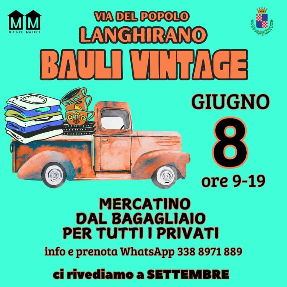 Bauli Vintage – mercato del bagagliaio per i privati Potrebbe essere un'immagine raffigurante il seguente testo "M MM M MAGIC MARKET なみか! T...M...... .មជ SRITIAE 2 VIA DEL POPOLO LANGHIRANO BAULI VINTAGE GIUGNO 8 ore ore9-19 9-19 MERCATINO DAL BAGAGLIAIO PER TUTTI I PRIVATI info e prenota WhatsApp 338 8971 889 ci rivediamo a SETTEMBRE"