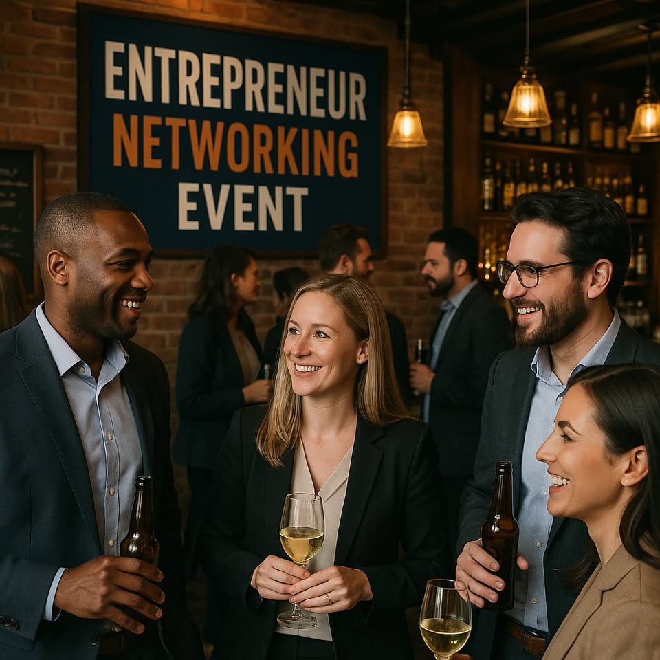 Community Networking Meetup: For Entrepreneurs, By Entrepreneurs Potrebbe essere un'immagine raffigurante 3 persone, bevanda e il seguente testo "ENTREPRENEUR NETWORKING EVENT వ..! ភ្វេបម Mases:"