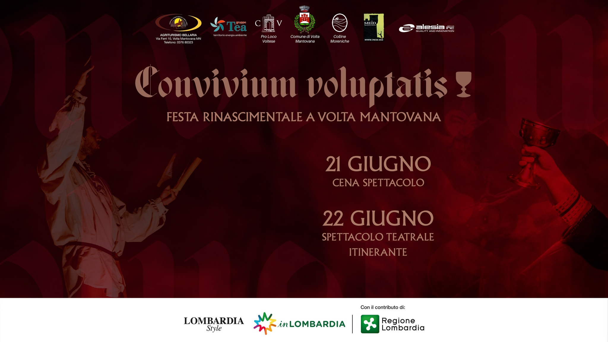 CONVIVIUM VOLUPTATIS • VOLTA MANTOVANA Potrebbe essere un contenuto grafico raffigurante 2 persone e il seguente testo "0TLv ENTIPRM5PRILAPM "9":44ូ1 NoLotD Mban CиTиTeлиKbl 2๒ MArKИ3 MrIn alesia M/1 Convivium voluptatis FESTA RINASCIMENTALE A VOLTA MANTOVANA 21 GIUGNO CENA SPETTACOLO 22 GIUGNO SPETTACOLO SPETTACOLOTEATRALE TEATRALE ITINERANTE LOMBARDIA Style Con conbributo d inLOMBARDIA Regione Lombardia"