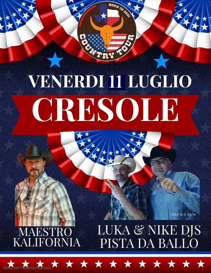 Evento COUNTRY TOUR – Venerdì 11 luglio – Spazio Giovani Cresole Locandina COUNTRY TOUR – Venerdì 11 luglio – Spazio Giovani Cresole - venerdì 11 luglio ore 21:00 - 23:00