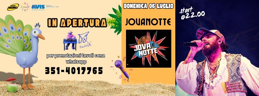 JOVANOTTE-TRIBUTO JOVANOTTI@BRF Potrebbe essere un contenuto grafico raffigurante 2 persone e il seguente testo "زدهد VIS M.es-cm ," DOMENICA 06 LUGLIO IN APERTURA start 022.00 JOUANOTTE David perprenotazionitavolic tavoli cena whatsapp 351-4017765 ၀ NOTTE"