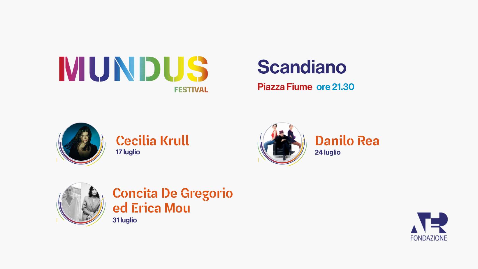 Mundus 2025 @Scandiano Potrebbe essere un'immagine raffigurante 1 persona, mappa e il seguente testo "MUNDUS FESTIVAL Scandiano Piazza Fiume ore ore21.30 Cecilia Krull 17 luglio Danilo Rea 24luglio 24 luglio Concita De Gregorio ed Erica Mou 31luglio 31 FONDAZIONE"
