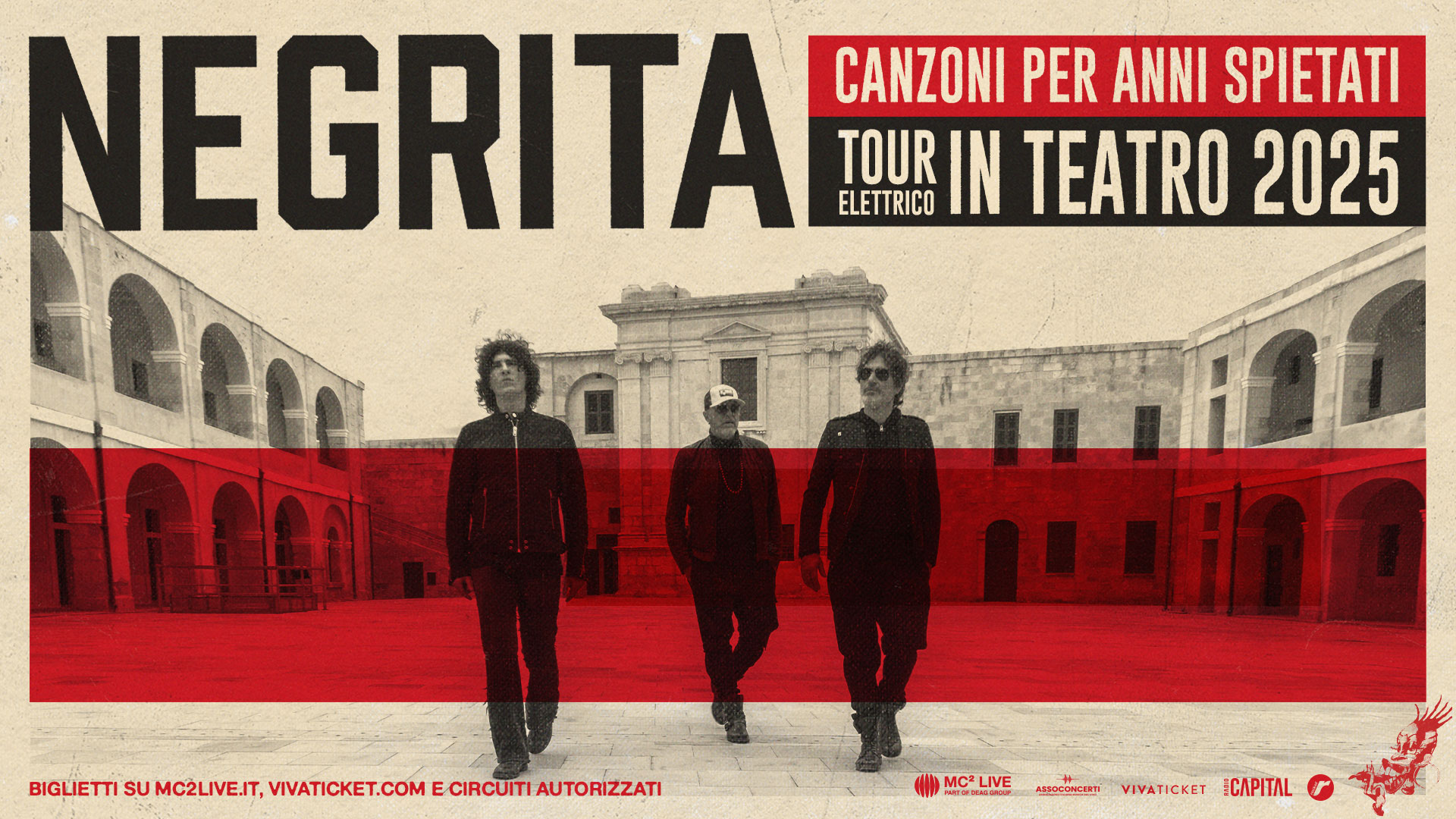 NEGRITA – CANZONI PER ANNI SPIETATI TOUR IN TEATRO // Rende (CS) Potrebbe essere un'immagine raffigurante 3 persone e testo