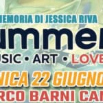 SUMMERJÉ Festival 2025 Potrebbe essere un'immagine raffigurante il seguente testo "Summe Sü IN MEMORIA DI JESSICA RIVA MUSIC summer ART LOVE ummerk ၂၆ DOMENICA 22 GIUGNO 2025 PARCO BARNI CANZO"