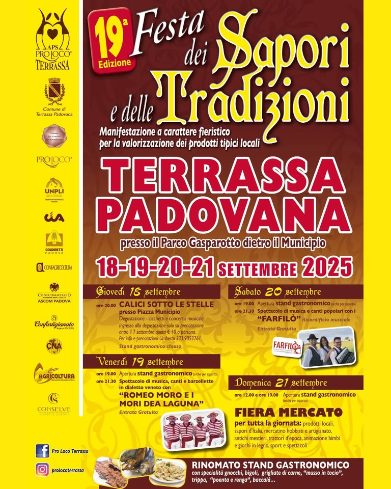 19°Festa dei Sapori e delle Tradizioni Potrebbe essere un'immagine raffigurante il seguente testo "Prossimo evento.... 19a Festa dei Sapori JAPS PROLOCO OCO+ TERRASSA e delle T Iradizioni 19 19-20-21 SETTEMBRE 2025 Stand gastronomico aperto tutte le sere e la domenica anche a pranzo Domenica 21 settembre FIERA MERCATO per tutta la giornata Per info: eventiterrassa gmail.com"