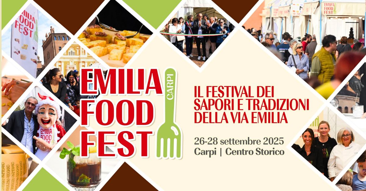 CARPI – EMILIA FOOD FEST 2025 Potrebbe essere un'immagine raffigurante 6 persone e il seguente testo "FEST 000 000 AIUA EATILA CHU FOOD FOOD EMIUA FOOD EMILIA CANA FOOD FESTI IL FESTIVAL DEI SAPORI E TRADIZIONI DELLA VIA EMILIA NSHAN8-ORCA oлc 26-28 settembre 2025 Carpi I Centro Storico"