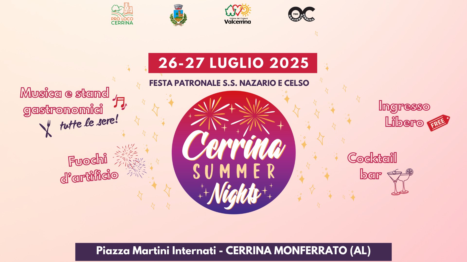 Evento Cerrina Summer Nights 26 – 27 Luglio 2025 Locandina Cerrina Summer Nights 26 – 27 Luglio 2025 - sabato 26 luglio ore 19:00 - 00:00