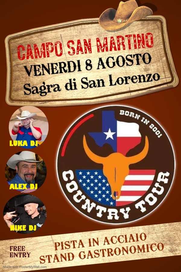 Potrebbe essere un'immagine raffigurante ‎2 persone e ‎il seguente testo "‎CAMPO SAN MARTINO VENERDI 8 AGOSTO Sagra di San Lorenzo LUKA DJ BORN אז 2001 2001 ALEXDJ DJ HUKE DJ FREE ENTRY CONTES TOUR "ቴ STAND PISTA GASTRONOMICO IN ACCIAIO MadewithPosterMyWall.com‎"‎‎