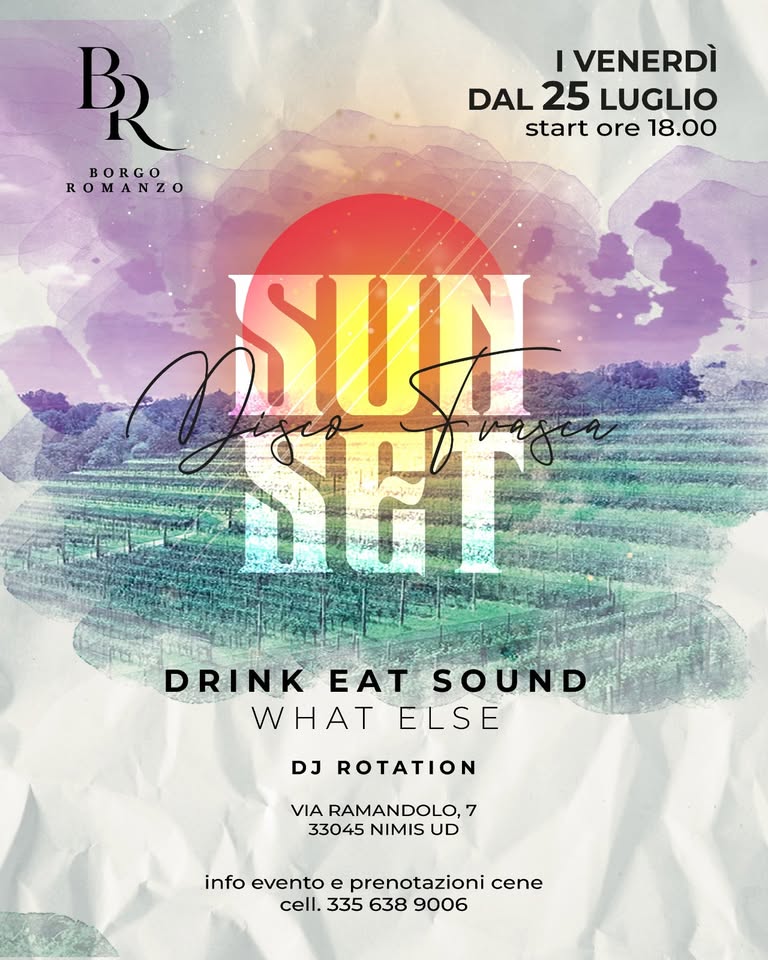Evento SUN SET – Disco Frasca – Ogni venerdi dal 25 Luglio Locandina SUN SET – Disco Frasca – Ogni venerdi dal 25 Luglio - da venerdì 25 luglio - sabato 13 settembre 2025 ore 18:00 ore 00:00