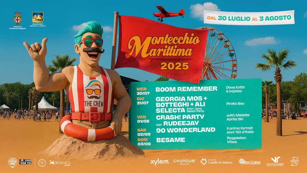 🌴 Montecchio Marittima 2025 | 12esima edizione 🌴 Potrebbe essere un contenuto grafico raffigurante 1 persona e il seguente testo "の MetastoMliedone MORINGXVENETO 3иTBpcTocлo DAL 30 LUGLIO AL 3 AGOSTO MAT arittima ontecchio 2025 MER 30/07 GIO 31/07 THECREW CREW THE BOOM REMEMBER Dove tutto iniziato GEORGIA MOS ALI JOVO VEN 01/08 Pirate Bay SAB SELECTA CRASH! PARTY con RUDEEJAY 90 WONDERLAND BESAME with Melotte Apres Ski PALER IS GOOD FOR RYOU 03/08 ADRGANICS Iprimo format anni d'italia Reggacton Vibes xylem ovunque Castello Giulietta wwew.Fcalogy vr keiociua סיפטו"