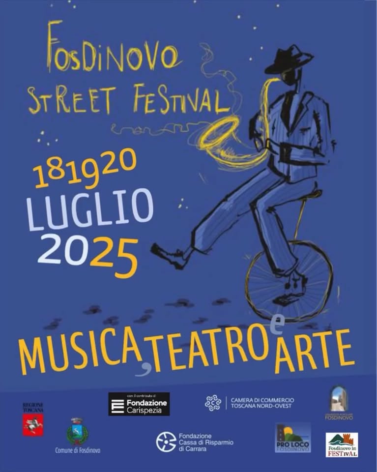 Fosdinovo Street Festival – 2025 Potrebbe essere un'immagine raffigurante il seguente testo "FOsDINOVO STREET FESTIVAL 181920 LUGLIO 2025 Fondazione Carispezia MUSICATEATROART ARTE รูส CAMERA COMMERCIO TOSCANANORD-OVEST NORD OVEST ComuneiFosdinovo Comune Fosdinovo Fondazione Cassa Risparmio Carrara PROLOCO FasoINdva Posdinovein FEST FESTIVAL TIVAL"