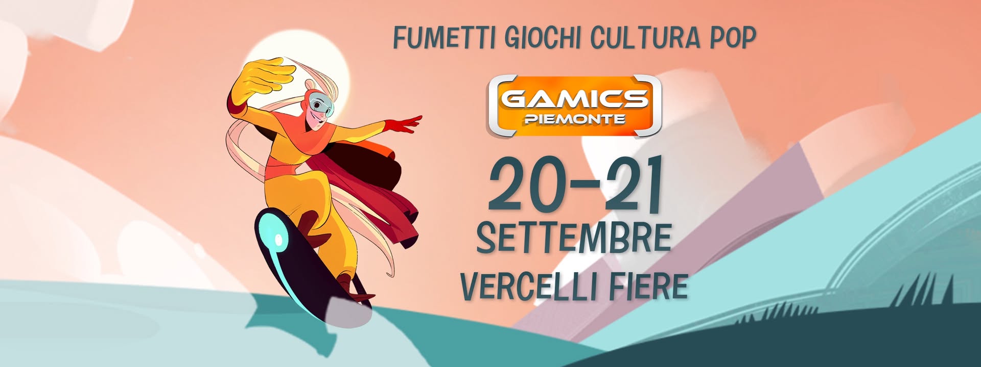 Potrebbe essere un disegno raffigurante il seguente testo "FUMETTI GIOCHI CULTURA POP GAMICS PIEMONTE 20-21 SETTEMBRE VERCELLI FIERE I"