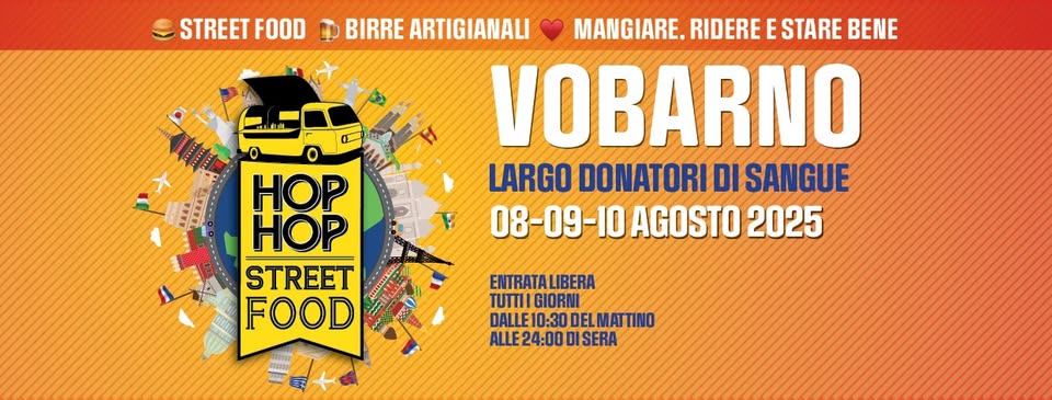 HOP HOP STREET FOOD 8-9-10 AGOSTO 2025 – VOBARNO Potrebbe essere un'immagine raffigurante il seguente testo "STREET FOOD BIRRE ARTIGIANALI MANGIARE. RIDERE E STARE BENE VOBARNO LARGO DONATORI DI SANGUE 08-09-10AGOST02025 08-09-10 AGOSTO 2025 HOP HOP STREET FOOD ENTRATALIBE IBERA TUTTII TUTTLLGIORNI GIORNI DALLE10:30 10:30 DEL MAT MATTINO TINO ALLE24:00 ALLE24:00DISERA 미 SERA"