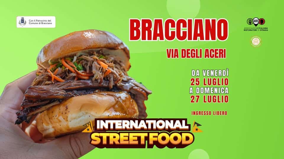 Evento International Street Food Bracciano Locandina International Street Food Bracciano - da venerdì 25 luglio - domenica 27 luglio 2025 ore 18:00 ore 23:00
