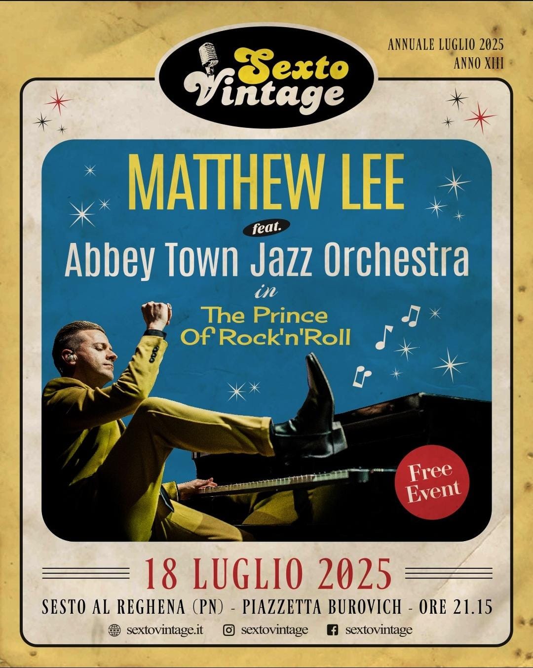 Evento Matthew Lee feat. ATJO “The Prince of Rock’n’Roll” Locandina Matthew Lee feat. ATJO “The Prince of Rock’n’Roll” - venerdì 18 luglio ore 21:15 - 23:15