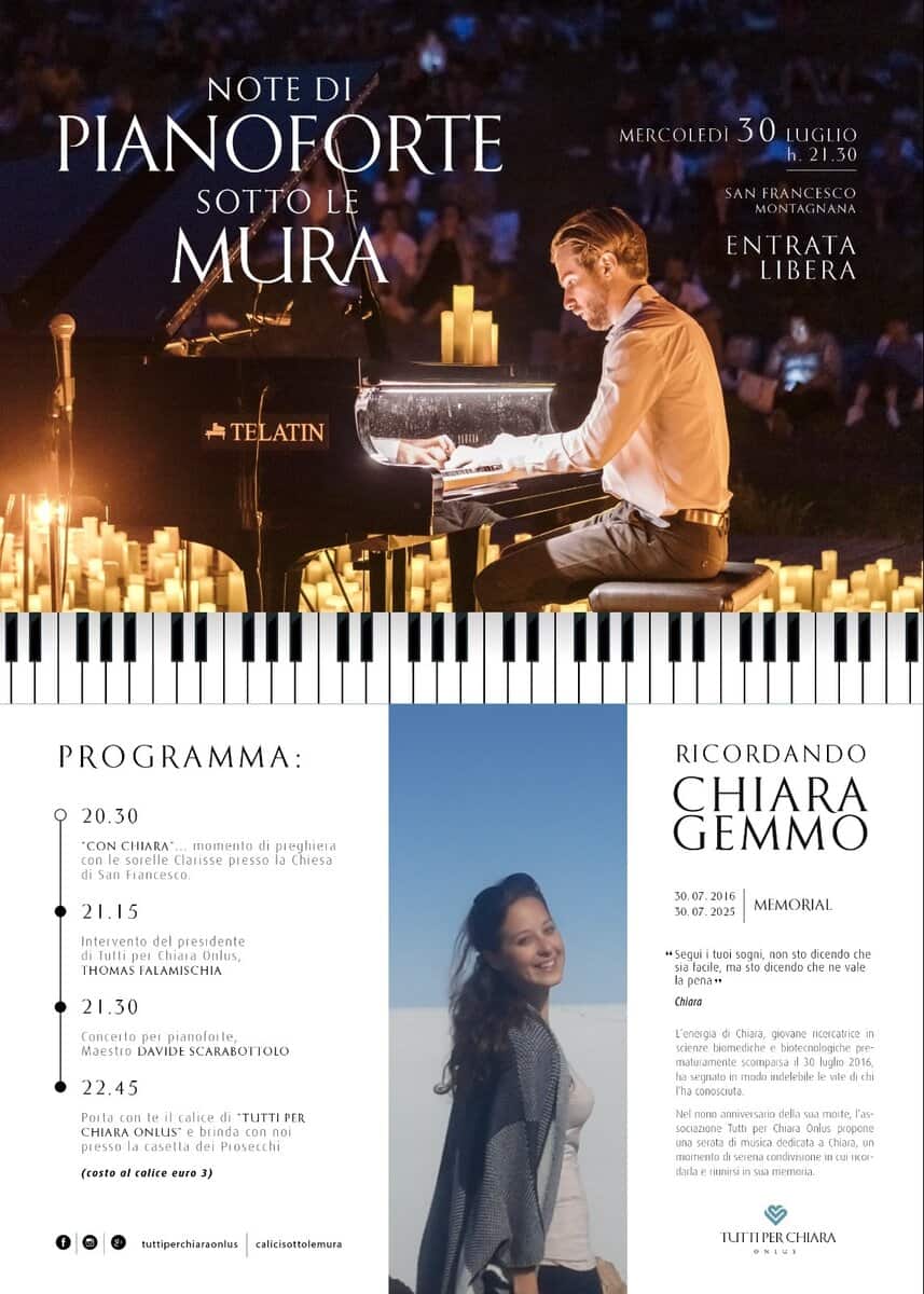 Note di Pianoforte sotto le Mura Potrebbe essere un'immagine raffigurante 4 persone, pianoforte, clarinetto e il seguente testo "NOTE DI PIANOFORTE SOTTO LE MURA MERCOLEDI 30 LUGLIO h.21.30 SANFRANCISCO SAN ENTRATA LIBERA TELATIN PROGRAMMA: 20.30 CONCHIARA CON conle momente arisse ciesso Francesca. eghiera Chiesa 21.15 Inte ivente RICORDANDO CHIARA GEMMO del, residente onlus Unlus, THOMAS TALAMISCIIIA 21.30 7.2016 30 .2025 MEMORIAL Conceila pienolas DAVIDE CARARO 22.45 וסםי onst dicendo che diende ale Chiore Porta calire "TUTTIPER CHIARA ONLUS brinda caselta Prosecchi L'energa (costo colice IpercaMice ก 3) 2016, มะด. tuttiperchiaraonlus calicisottolemura LUIICA ۲٠ TUTTIPERCINIARA HLU"