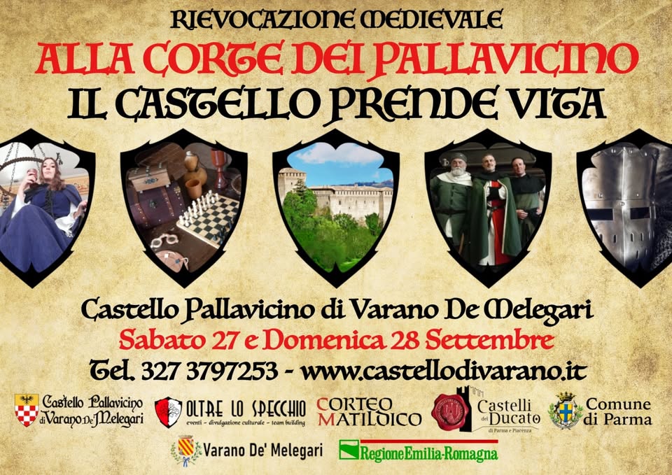 Potrebbe essere un'immagine raffigurante 6 persone e il seguente testo "RIEVOÇAZIONE @ ALLA CORTE DEI PALLAVICINO LITIIIIIIT Castello di Varano Dé Melegari Sabato 27 e Domenica 28 Settembre 2025 www.castellodivarano.it Castello Pallavicino VaranoneMelegari VaranoD OLTBE LO SPECCHIO eventi- divulgazione team uilfing Varano De' Melegari Castelli daDucato क Parmae Placenza"