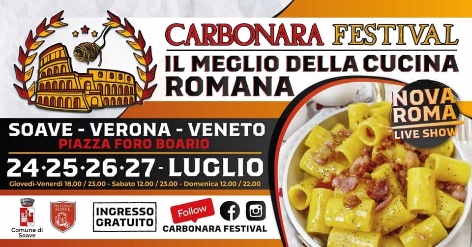 Evento Soave Carbonara Festival Summer Edition Locandina Soave Carbonara Festival Summer Edition - da giovedì 24 luglio - domenica 27 luglio 2025 ore 18:00 ore 23:00