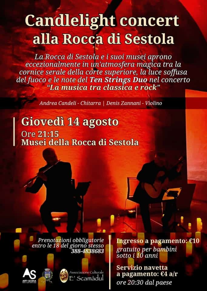 Candlelight concert alla Rocca di Sestola Potrebbe essere un'immagine raffigurante 2 persone, clarinetto, violino e testo