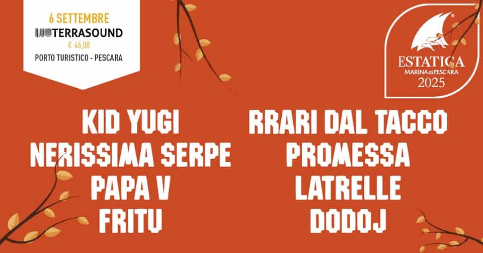Evento TERRASOUND – Kid Yugi, Rrari dal Tacco, Papa V, Nerissima Serpe, Fritu, Promessa Locandina TERRASOUND – Kid Yugi, Rrari dal Tacco, Papa V, Nerissima Serpe, Fritu, Promessa - sabato 6 settembre ore 21:00 - 23:00