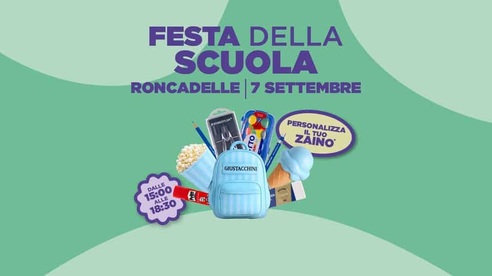 Festa della Scuola Giustacchini – RONCADELLE Potrebbe essere un disegno raffigurante il seguente testo "FESTA DELLA SCUOLA RONCADELLE |7 SETTEMBRE 3ccиnTo" PERSONALIZZA TUO ZAINO ZAINO GIUSTACCHINI DALLE 15:00 0 15:00 18:30 ALLE းတန်ါ"