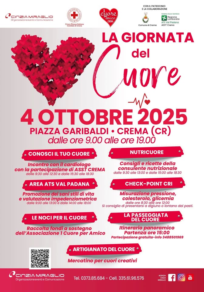 Potrebbe essere un'immagine raffigurante cuore e il seguente testo "CINZIAMRAGLIO CINZIA Organizzazioneeventie Comunicazione ORGANIZZA IN COLLABORAZIONE CON ILPATROCINIO ELA COLLABORAZION cuore amico CREMA CONI PATROCINIO Sistema peloSantarto Santario Comuned diCrema Regione Lombardia Val Padana ASST Crema LA GIORNATA C nove del"