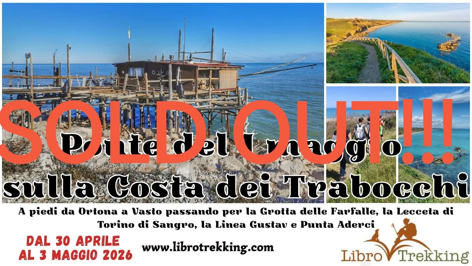 Grande Traversata della Costa dei Trabocchi Potrebbe essere un'immagine raffigurante 4 persone e il seguente testo "LaCostadei' La Costa dei Tra Trabocchi A piedi da Oriona a Vasto passando per la Grotta delle Farfalle, Torino di Sangro, la Linea Gustav e Punta Aderci DAL 26 AL 29 DICEMBRE 2025 Lecceta di www.librotrekking.com a.g.a.e. guid Libro Trekking"