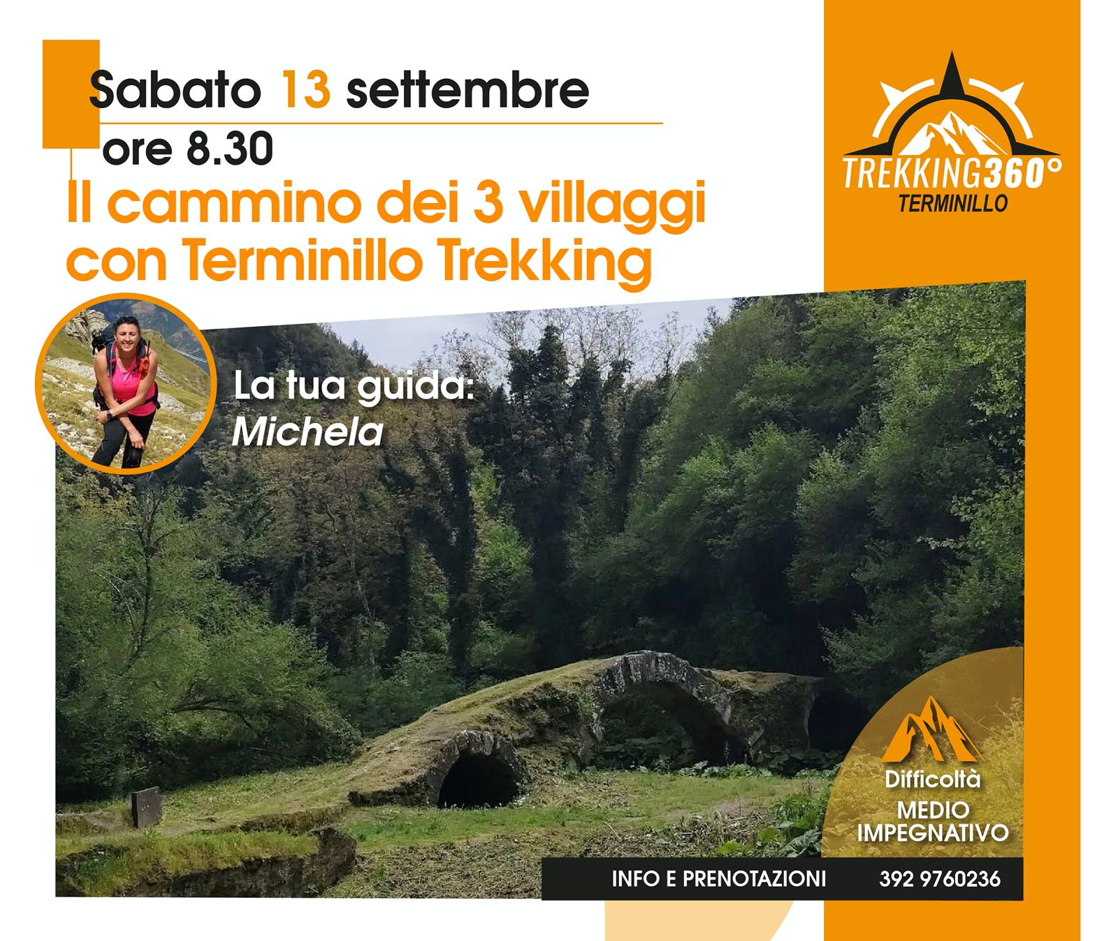 Il Cammino dei Tre Villaggi Potrebbe essere un'immagine raffigurante 1 persona e il seguente testo "Sabato 13 13 settembre ore 8.30 Il cammino dei 3 villaggi con Terminillo Trekking ፖ TREKKING360° TERMINILLO La tua guida: Michela Difficoltà MEDIO IMPEGNATIVO INFO E PRENOTAZIONI 392 9760236"