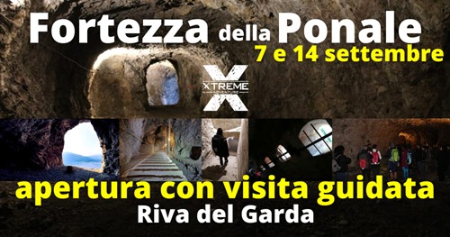La Fortezza della Ponale -Apertura con Visita Guidata – 7 e 14 settembre – Riva del Garda Potrebbe essere un'immagine raffigurante 3 persone e il seguente testo "Fortezza della Ponale 7 7e e 14 settembre XTREME apertura con visita guidata Riva del Garda"