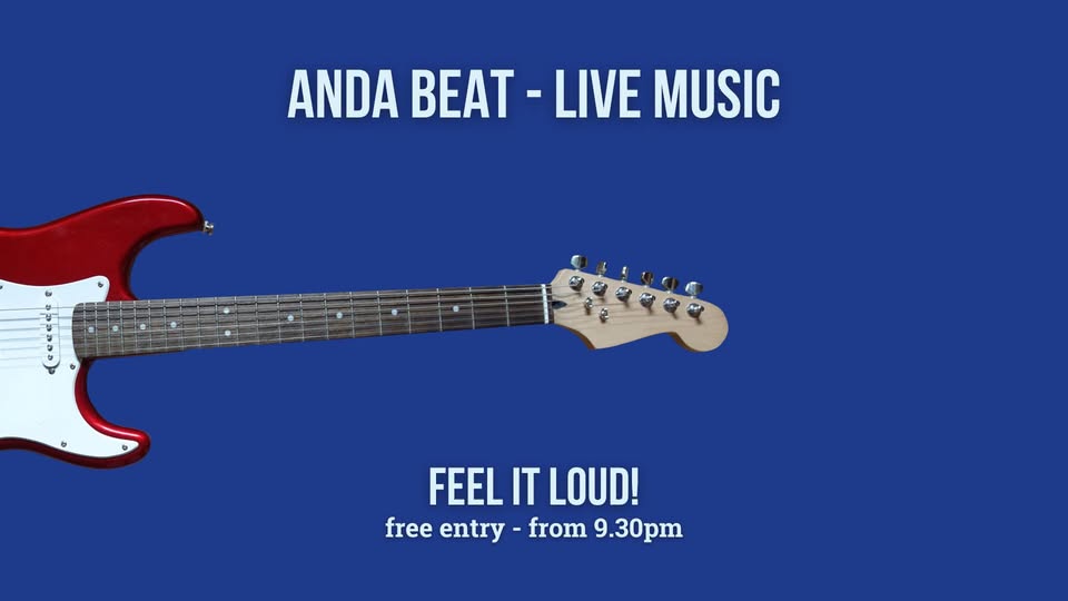 Live Concert – Anda Beat Potrebbe essere un'illustrazione raffigurante chitarra e il seguente testo "ANDA BEAT LIVE MUSIC . 5 ی र FEEL IT FEELITLOUD! LOUD! free entry- from 9. 9.30pm"
