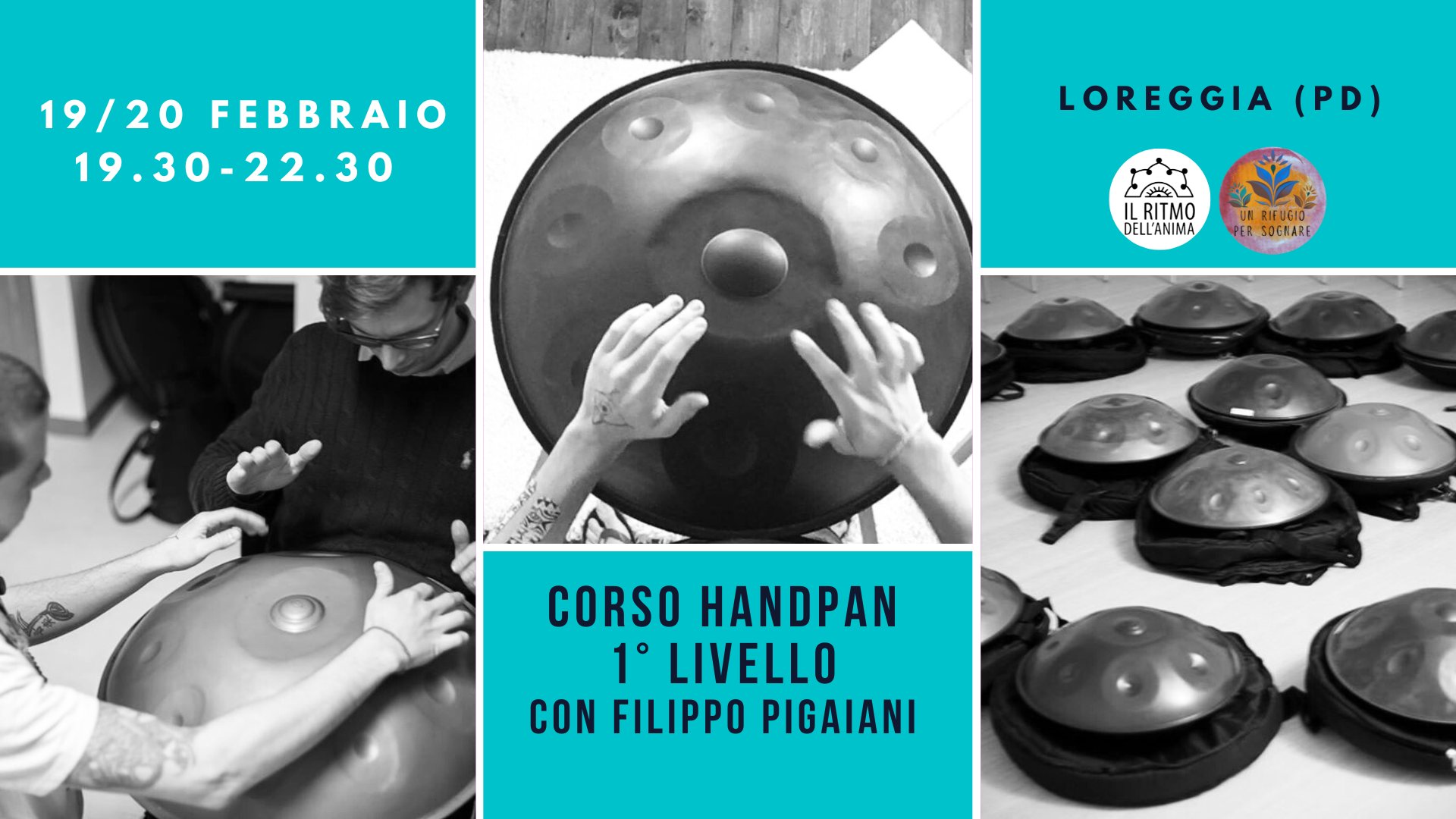 Loreggia (PD) | Corso Handpan 1°Livello Base (in due serate) Potrebbe essere un'immagine raffigurante 2 persone, strumento musicale e il seguente testo "19/20FEBBRAIO 19/20 FEBBRAIO 19.30-22.30 LOREGGIA LOREGGIA(PD (PD) LRITMO DELL'ANIMA PER SOCRARE CORSO RSOHANDPAN HANDPAN 1° LIVELLO CON FILIPPO PIGAIANI"