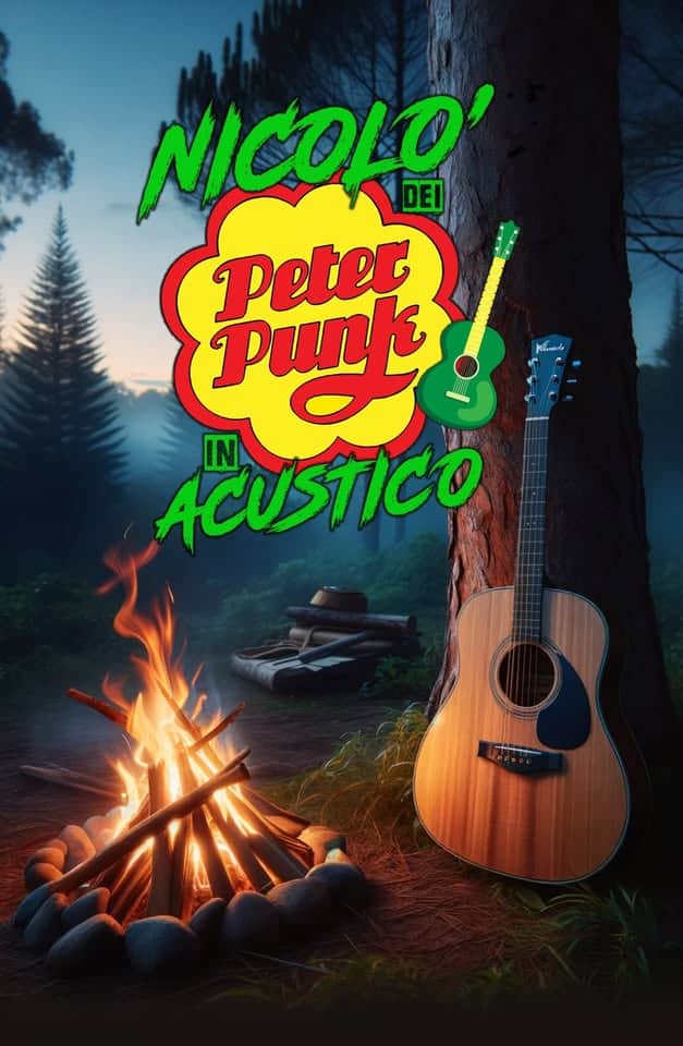 Potrebbe essere un'immagine raffigurante camping, chitarra e il seguente testo "Pleeads NICOLO DEI Peter Punk Pun ACUSTICO IN"