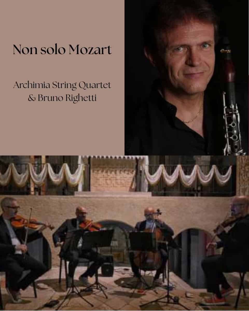 NON SOLO MOZART Potrebbe essere un'immagine raffigurante 5 persone, clarinetto, oboe, violino e il seguente testo "Non solo Mozart Archimia String Quartet &BrunoRighetti & Bruno Righetti בפלוו 한성북"