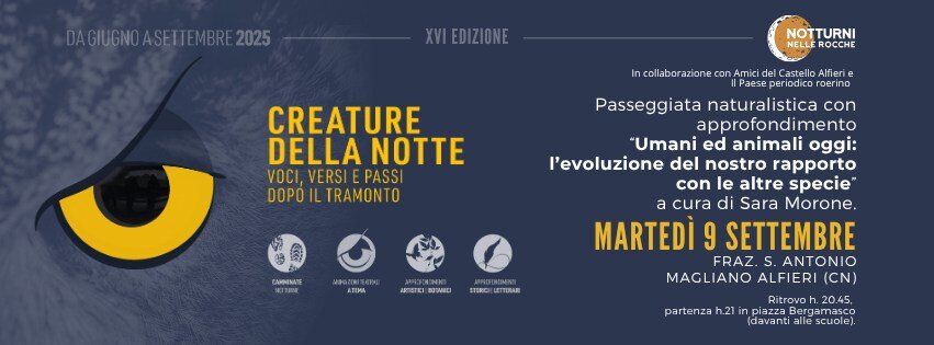Notturni nelle Rocche a MAGLIANO ALFIERI – Fraz. S. Antonio con Sara Morone: “Umani ed animali oggi” Potrebbe essere un'immagine raffigurante lori lento, gufo e il seguente testo "-DAGIUGNOASETTEMBRE2025 DAGIUGNOASEITEMBRE2025 XVIEDIZIONE NOTTURNI NELLE ROCCHE CREATURE DELLA NOTTE VOCI, VE VERSI PASSI DOPO TRAMONTO O CAORENATE MCTTИM incollabar azione con Amici Castello Alfieri Paesep eriadico roerino Passeggiata naturalistica con approfondimento "Umani ed animali oggi: l'evoluzione del nostro rapporto con le altre specie a cura di Sara Morone MARTEDI 9 SETTEMBRE FRAZ S. ANTONIO MAGLIANO ALFIERI (CN) Ritrovoh partenzah.21 inpiazza Berg Bergama masco davanti alle scuole). Mao CTEHA ΧΠΤΙ B SERO LETTIRAR"