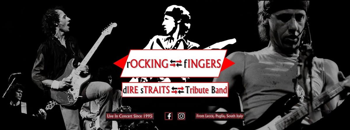 QUADROPHENIA⬌Casarano (Lecce)⬌rOCKING fINGERS⬌dIRE sTRAITS Tribute Potrebbe essere un'immagine raffigurante 3 persone, chitarra e testo