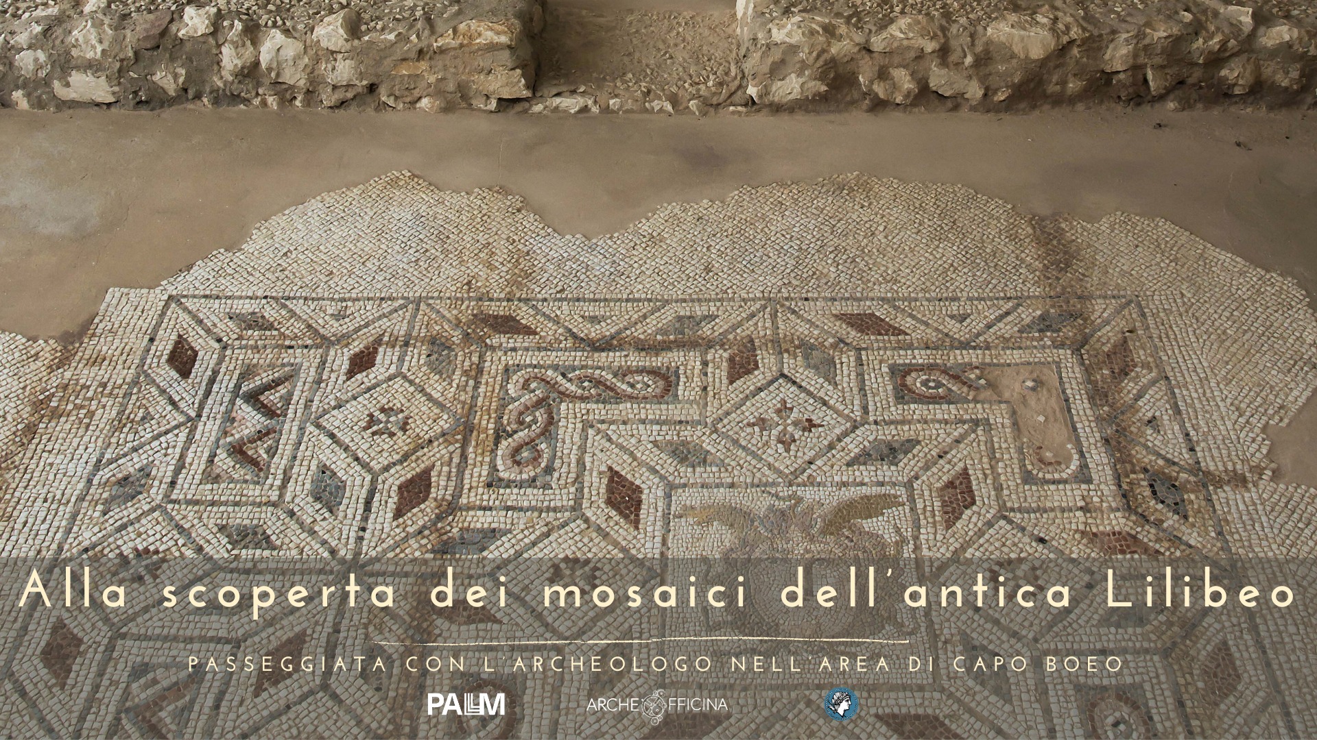 Alla scoperta dei mosaici dell’antica Lilibeo – Passeggiata con l’archeologo a Capo Boeo Potrebbe essere un'immagine raffigurante mappa, Saqsaywaman, il Muro Occidentale e il seguente testo "日本 new Alla scoperta dei mosaici dell' antica Lilibeo PASSEGGIATA ه CONILARCHEOLOGO 0 NELL AREA DI CAPO BOEO PALM ARCHENFFICINA SFFICINA ARCHE"