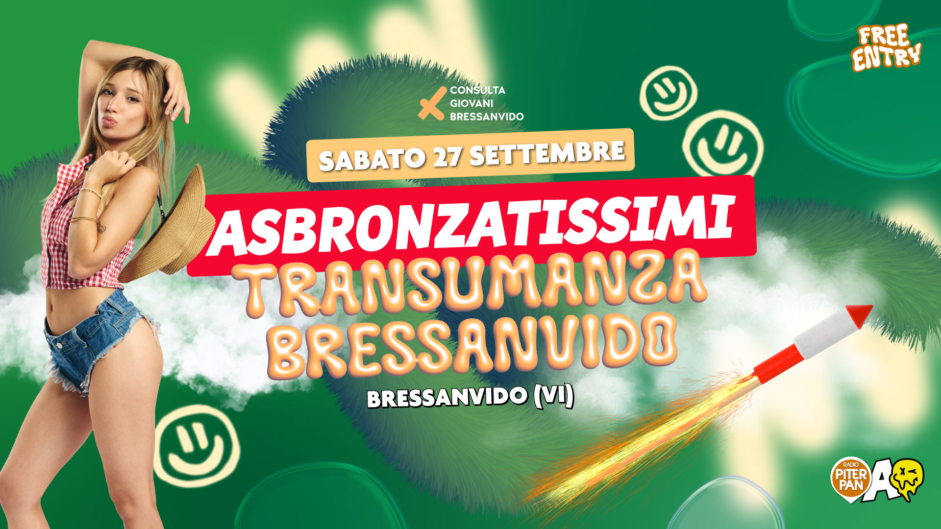 Potrebbe essere un'immagine raffigurante 1 persona e il seguente testo "CONSULTA CONSULTA GIOVANI BRESSANVIDO FREE ENTRY SABATO 27 SETTEMBRE ASBRONZATISSIMI TRANSUMANSA BRESSANUIDO BRESSANVIDO (VI) PITER A RADIG PAN"
