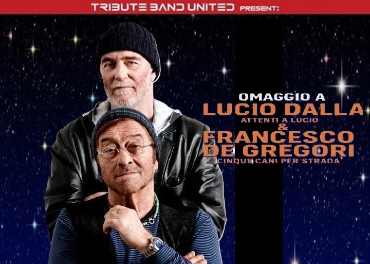BANANA REPUBLIC: OMAGGIO A LUCIO DALLA & FRANCESCO DE GREGORI Potrebbe essere un'immagine raffigurante 1 persona e il seguente testo "TRIBUTE BAND UNITED PRESENT: QMAGGIO A LUCIO DALLA ATTENTI LUCIO FRANCESCO DE GREGORI CINQUE CINQUECANI ICINQUSCANIPERSTRADA' CANI PER STRADA"