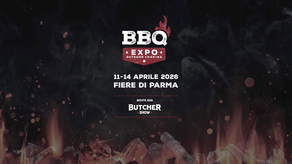 BBQ Expo – La Fiera dell’Outdoor Cooking Potrebbe essere un'immagine raffigurante coltello e il seguente testo "BBA BBOEXO EXPO OUTDOORCOOKING OUTDOOR COOKING TERZA TERZAEDIZIONE EDIZIONE 11-14 APRILE 2026 FIERE DI PARMA NOVITÀ 2026 BUTCHER SHOW PROFESSIONE CARNE"