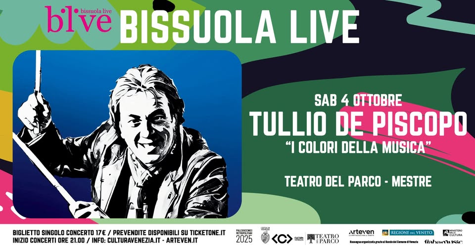 Potrebbe essere un disegno raffigurante il seguente testo "blve live BISSUOLA bissuola LIVE TEATRO DEL PARCO MESTRE SAB 4 OTTOBRE TULLIO DE PISCOPO "I COLORI DELLA MUSICA""