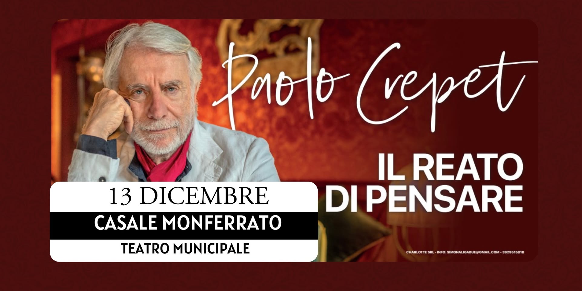 CASALE MONFERRATO – TEATRO MUNICIPALE – PAOLO CREPET – Il reato di pensare Potrebbe essere un'immagine raffigurante 2 persone e il seguente testo "13 DICEMBRE CASALE MONFERRATO TEATRO MUNICIPALE Paolo (repet IL REATO DI PENSARE 8E.月.S com 3829515818 CHARLOFTES SAL INFO SIMONALK POMAL"